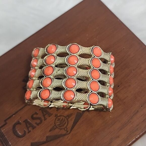 Vintage Coral/Orange Bezel Metal Cuff Bracelet - Picture 3 of 5